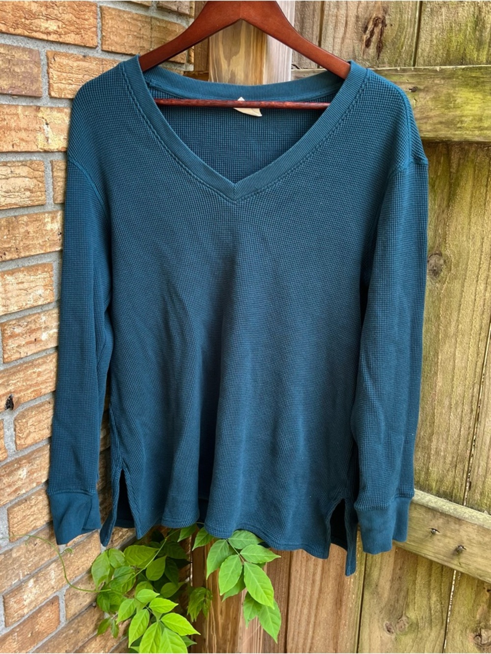 Pact Teal Waffle Knit V-Neck Thermal Top 100% Organic Cotton